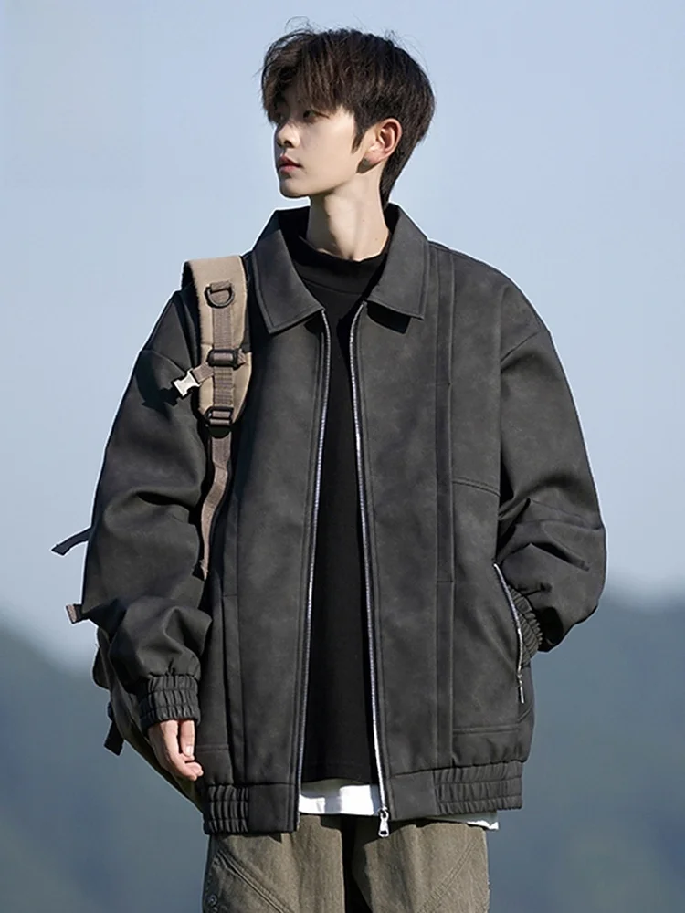 

Мужская повседневная куртка из искусственной кожи в американском стиле, с воротником, больших размеров, осенняя новинка, модный бренд, свободный крой, с декоративной молнией