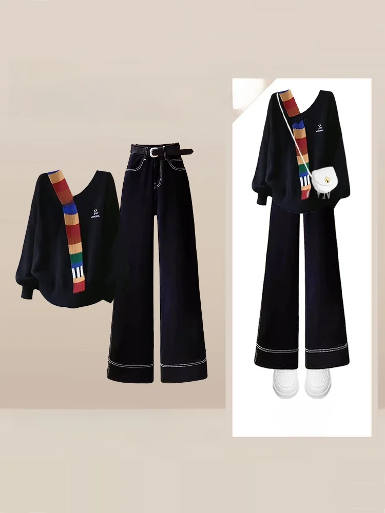 Korean Sle Knitted Sweater Set Women's Autumn Winter Faion Personali College Wind Sweater Wide Leg Slimming Jeans Two P...