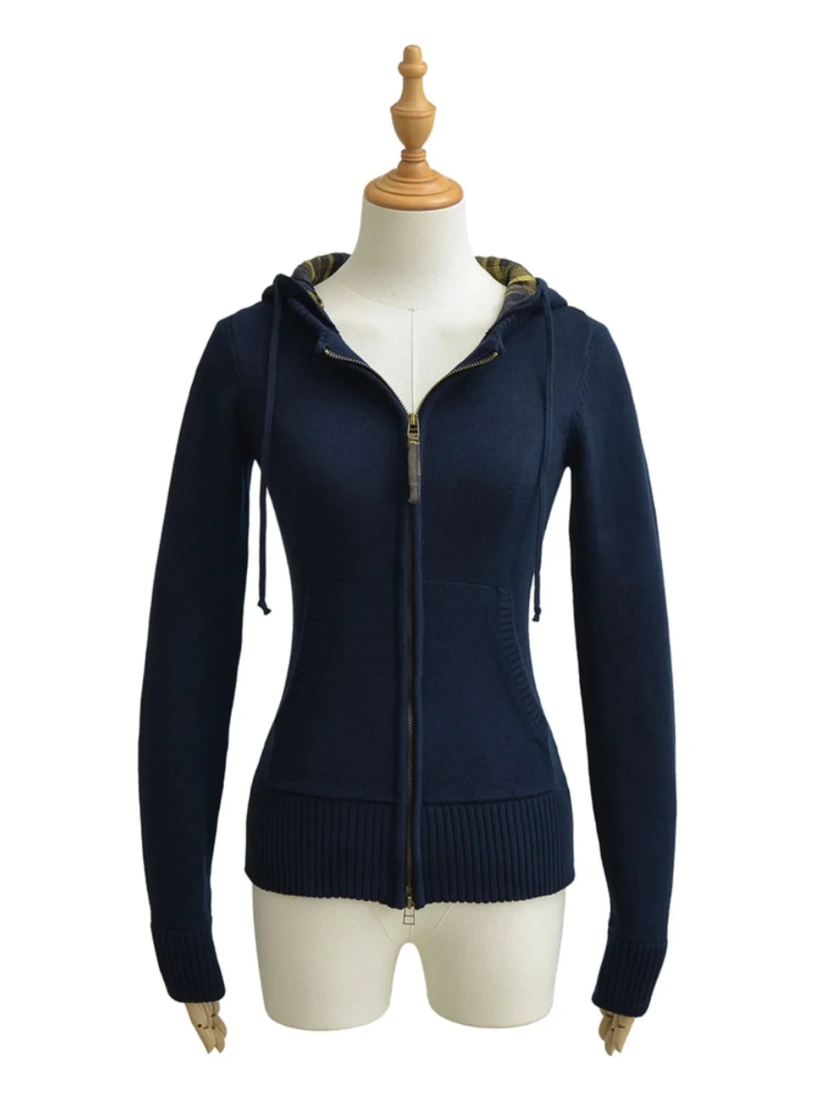 

Вязаный свитер с капюшоном в клетку в стиле ретро, женский весенне-осенний большой утягивающий открытый кардиган на молнии, свитер Jaet Top