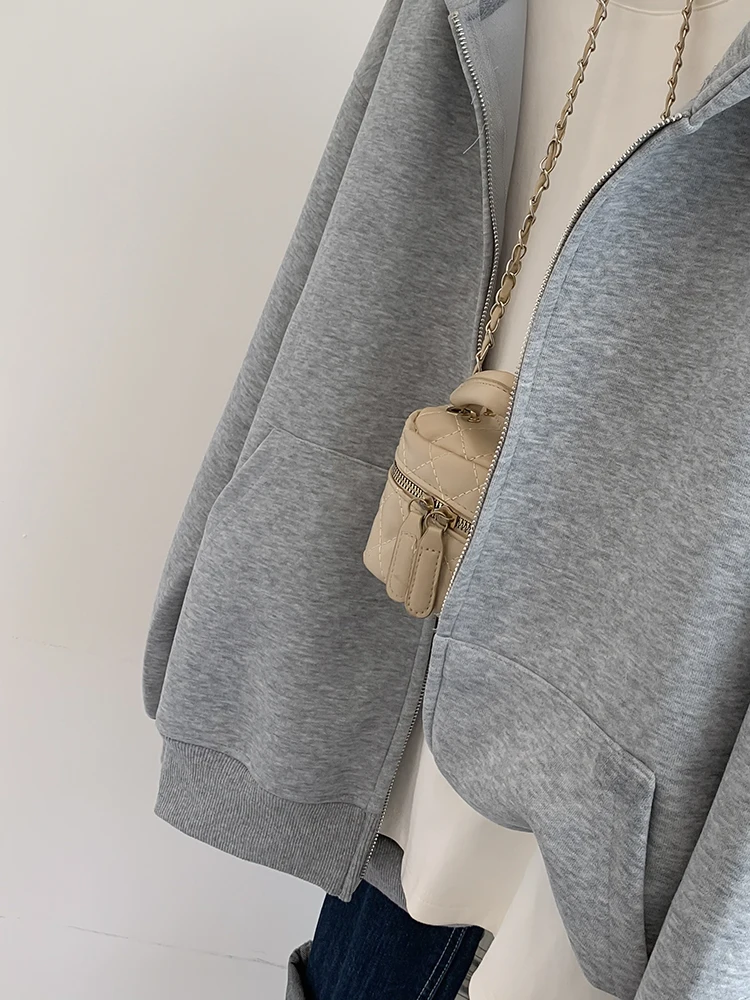 Grey Sweatshirt Hooded Casual Cardigan Women Autumn Winter Solid Color Zipper Long Sleeves Hoodies Loose Tops