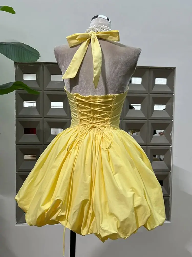 Sexy Solid Sleeveless Backless Halter Short Flower Bud Dress Fashion  A-line  Summer Evening Party Lolita Gowns Vestidos