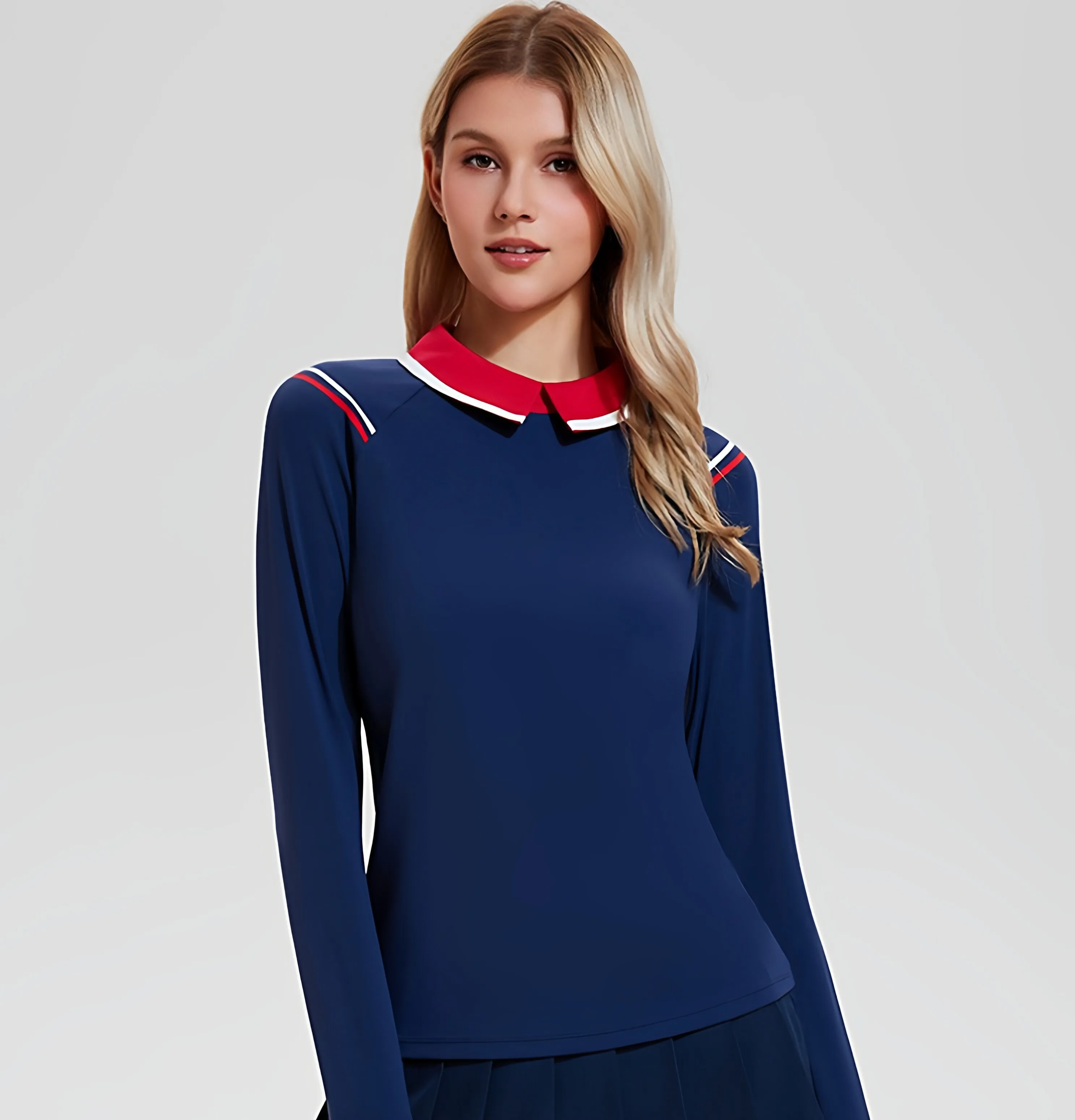 Collar equestrian top zipper contrasting splicing long sleeved T-shirt