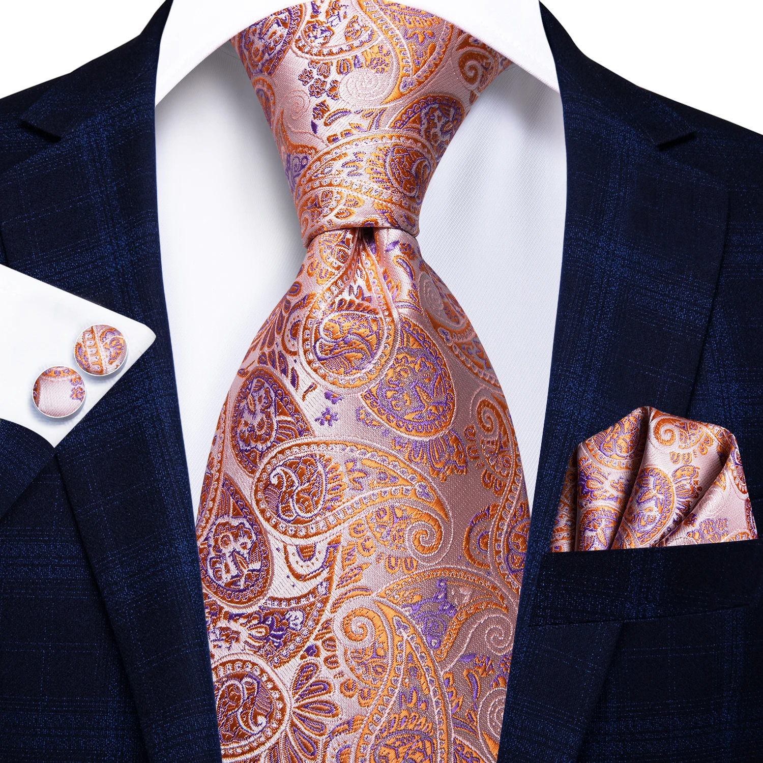 Hi-Tie Orange Solid Paisley Men\'s Tie Set Silk Wedding Tie For Men New Fashion Designer Quality Hanky Cufflinks Set Dropshipping