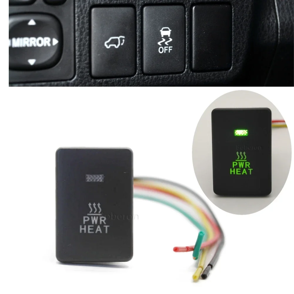 For Toyota PRADO Car Accessories 1pc Car Green LED Light PWR HEAT Push Button Switch with Connecting Wire