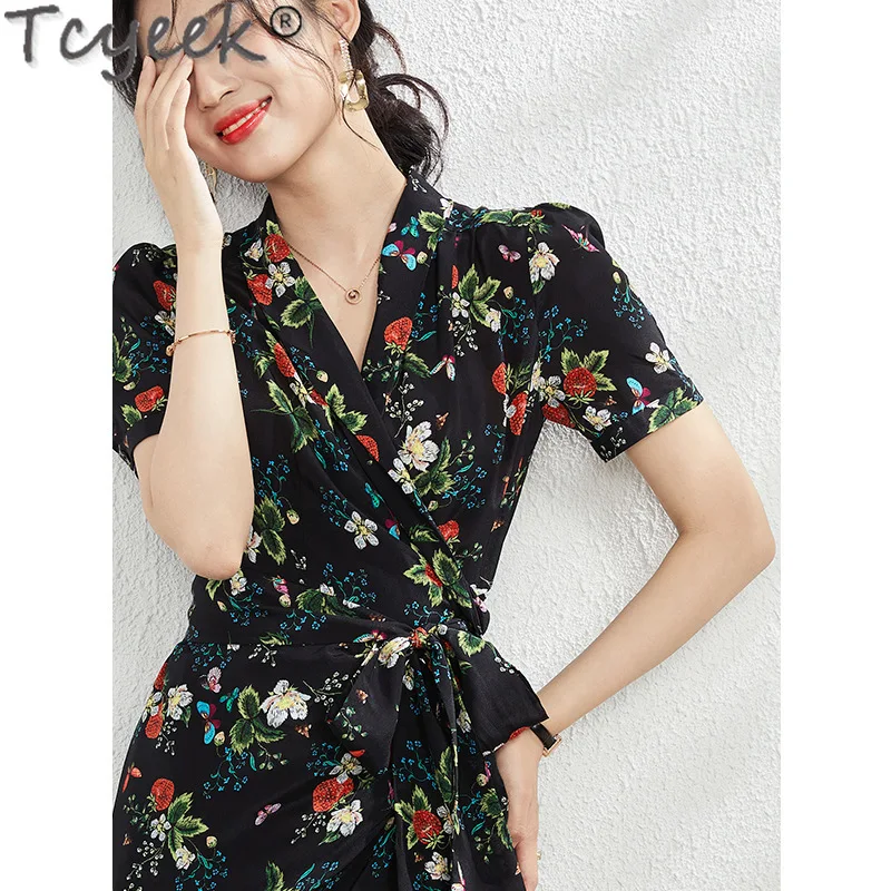 Tcyeek High-end 100% Mulberry Silk Dresses for Women 2024 Summer Midi Dress Print Dresses Chic and Elegant Woman Dress Lace-up