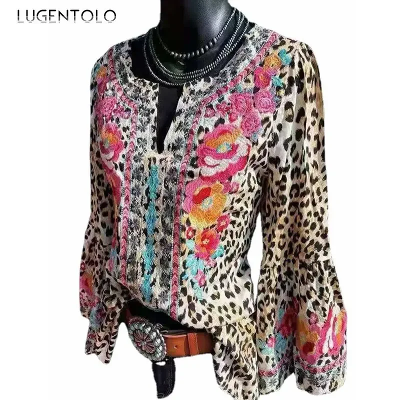 Leopard Womens Blouses Vintage Print Flare Sleeve V-neck  Loose Tops 2023 Summer New Shirts Lugentolo