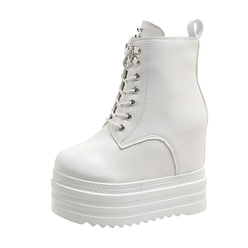 12CM Wedges Heel Ankle Boots White Black Women Shoes Platform Boots Women Lacing Spring Autumn Height Increase Heels Short Boots