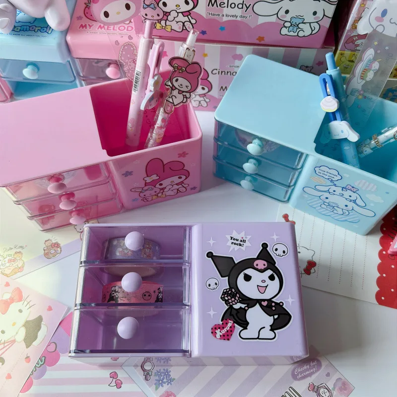 Sanrio Kuromi ปากกา Holde กล่องการ์ตูน Cinnamoroll Multi-Layer ลิ้นชักขนาดใหญ่ความจุมัลติฟังก์ชั่น Desktop Storage กล่องสาวของขวัญ