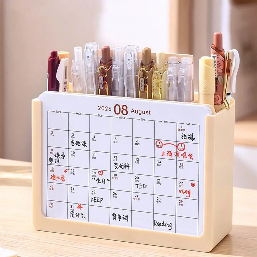 Space-Saving 2027 Desk Calendar Pen holder Plastic 3 Grids Desktop Stationery Organizer Lightwight Durable