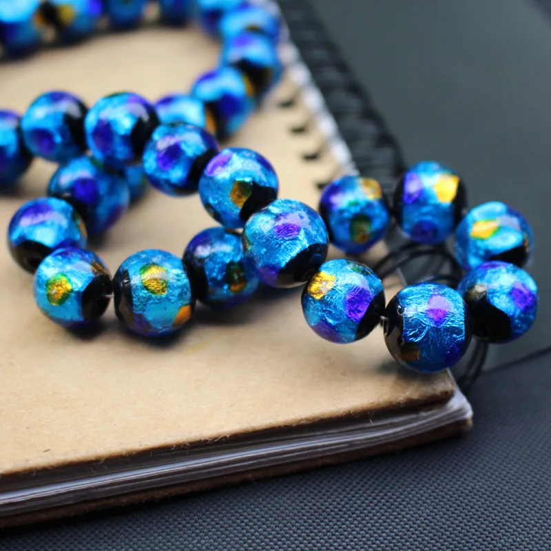 10 12mm Lampwork Glass Beads  Ocean Blue foil with blue orange dots  Round Beads for jewelry Making Accessories Japanese Style