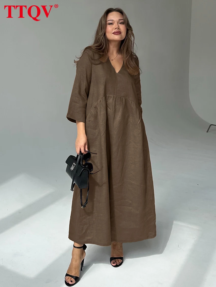 

TTQV Fashion Loose Brown Women's Dress 2026 Autumn V-Neck Long Sleeve Ankle Length Dresses Elegant Classic Solid Female Dress