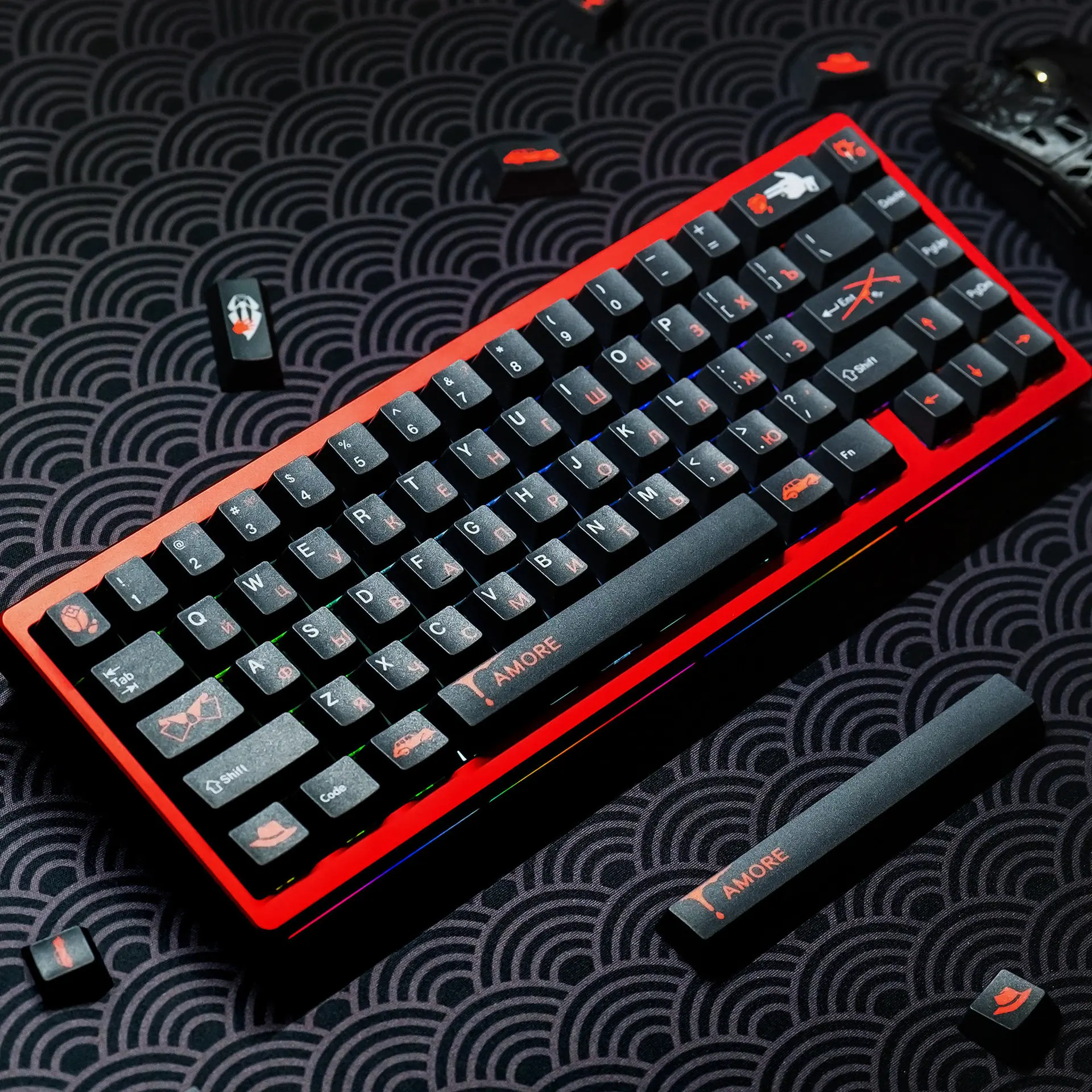 Russian Black Keycaps with Red Cyrillic Characters PBT Dye Sub Cherry Profile for 75% Mechanical Keyboard and Split Keyboard