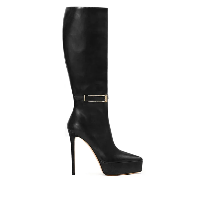 Metal Decoration Platfrom Leather Long Boots Sexy Pointed Toe Solid Zipper Accept Customized New Arrivals Fashion Women Boots