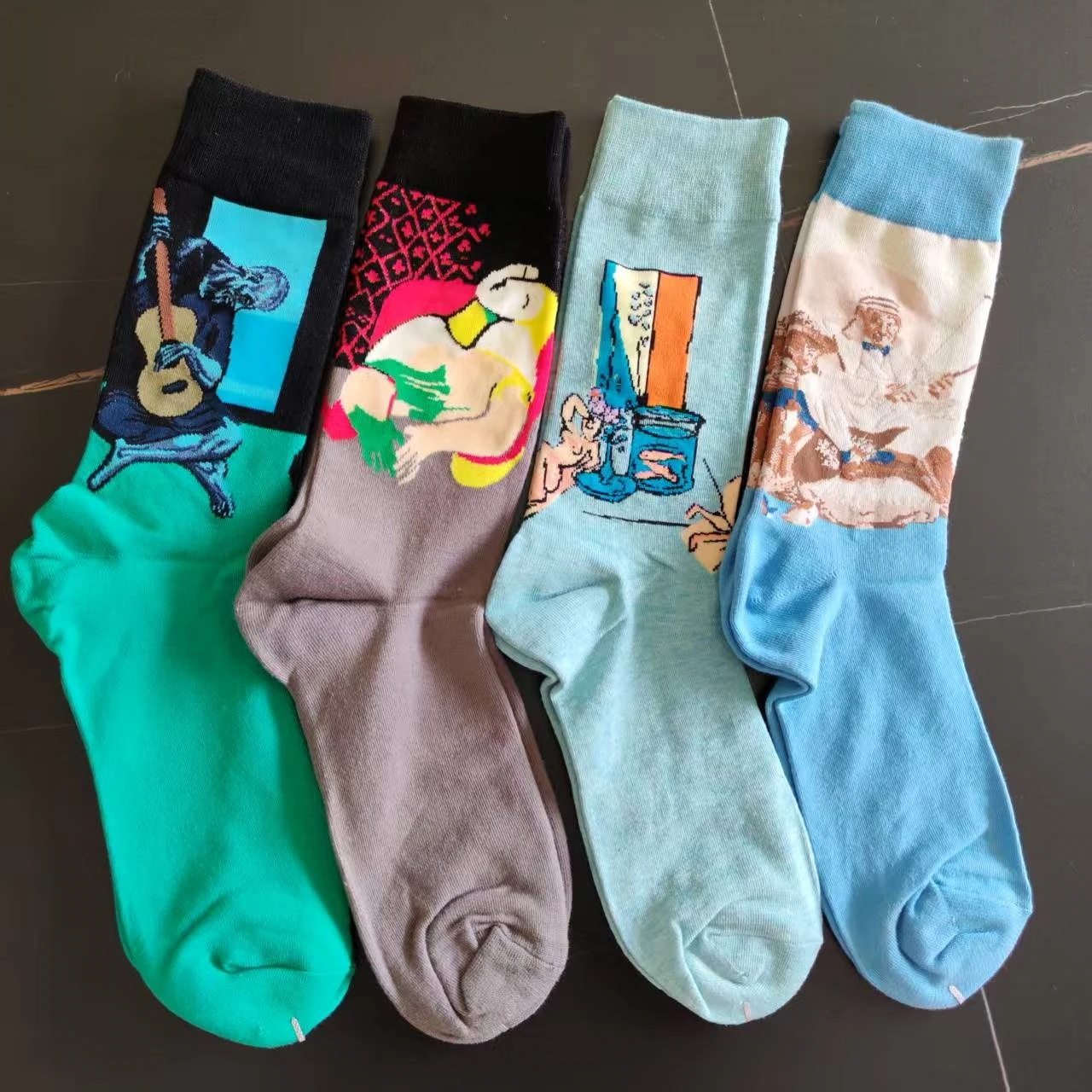 Retro Art Cotton Men Crew Socks Painting Pattern Guitarist Novelty Casual Colorful Harajuku Design Sox Funny Boyfriend Gift Work