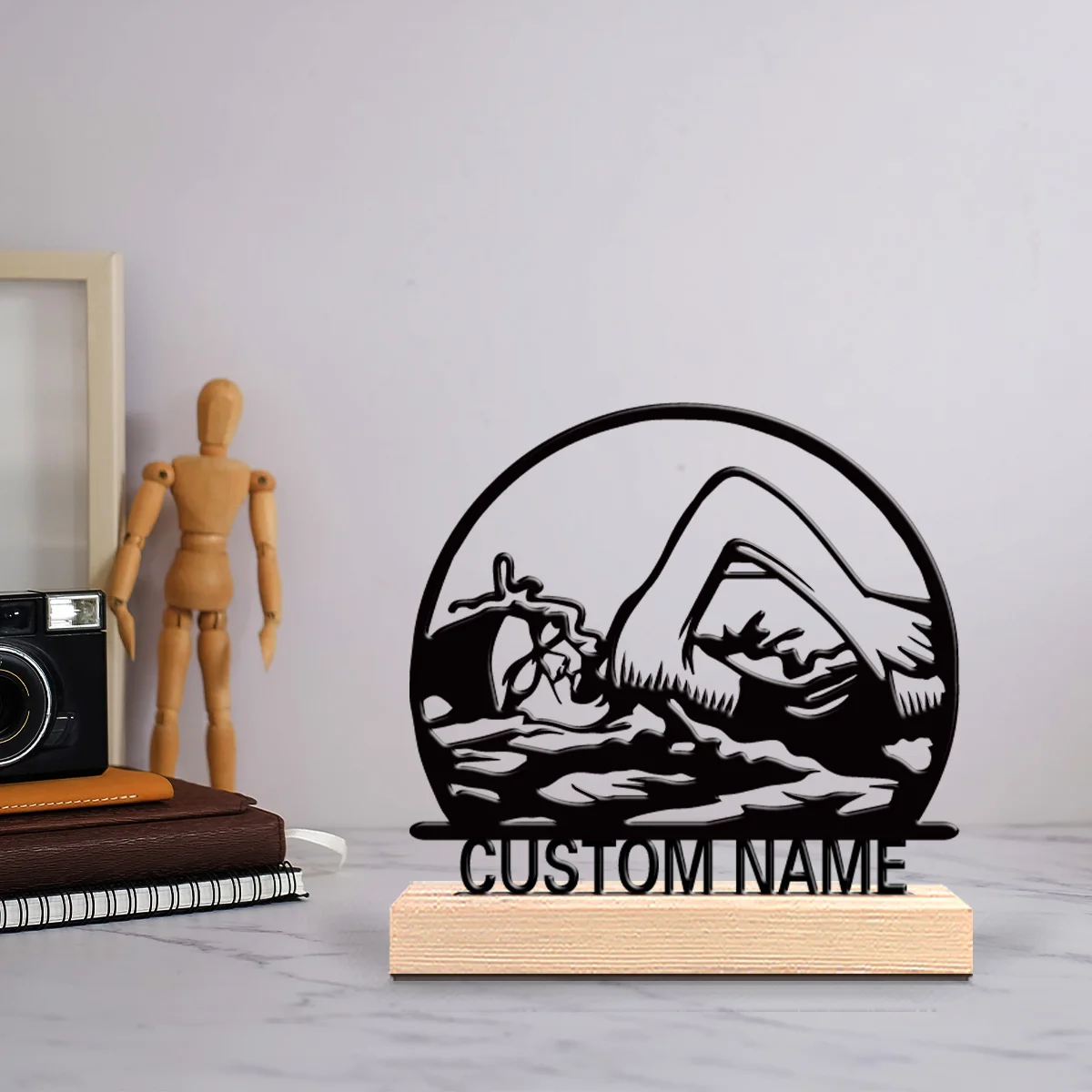1pc Cute Personalized Custom Swimming Metal Statues Botanical Wooden Base Desk Art for Nature Lovers, Office, Zen, Calm Spaces