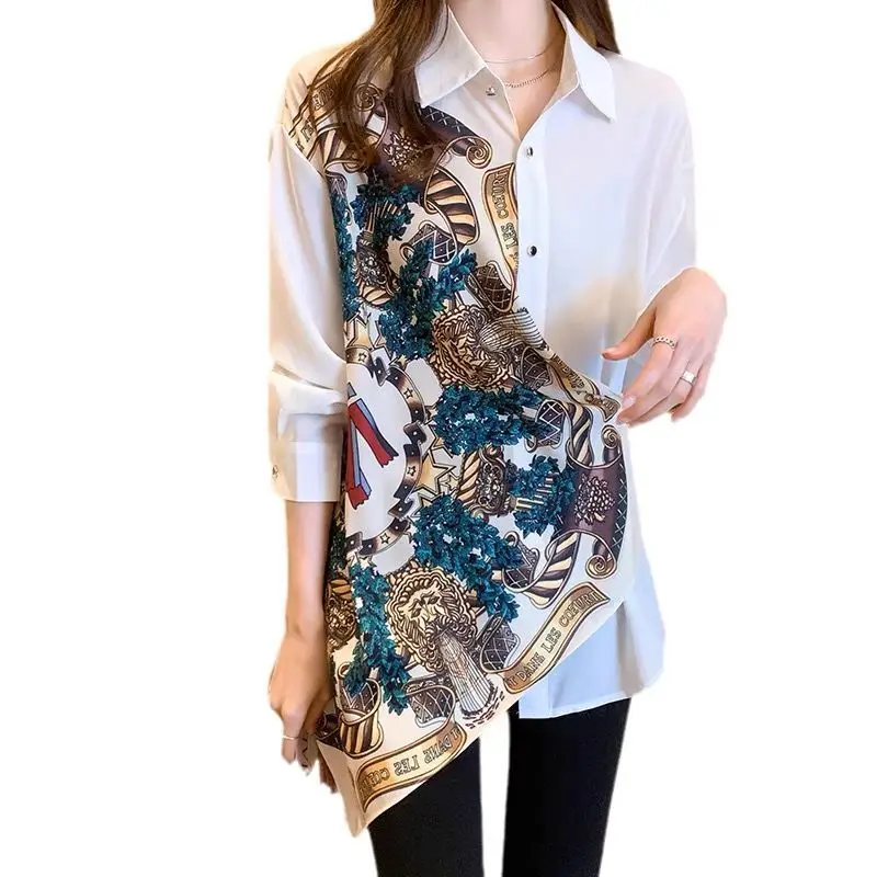Casual Gebäude Druck Asymmetrische Hemd Frühling 2022 Neue Polo-Neck Lange Hemd Hülse Lose Einreiher Tops frauen kleidung