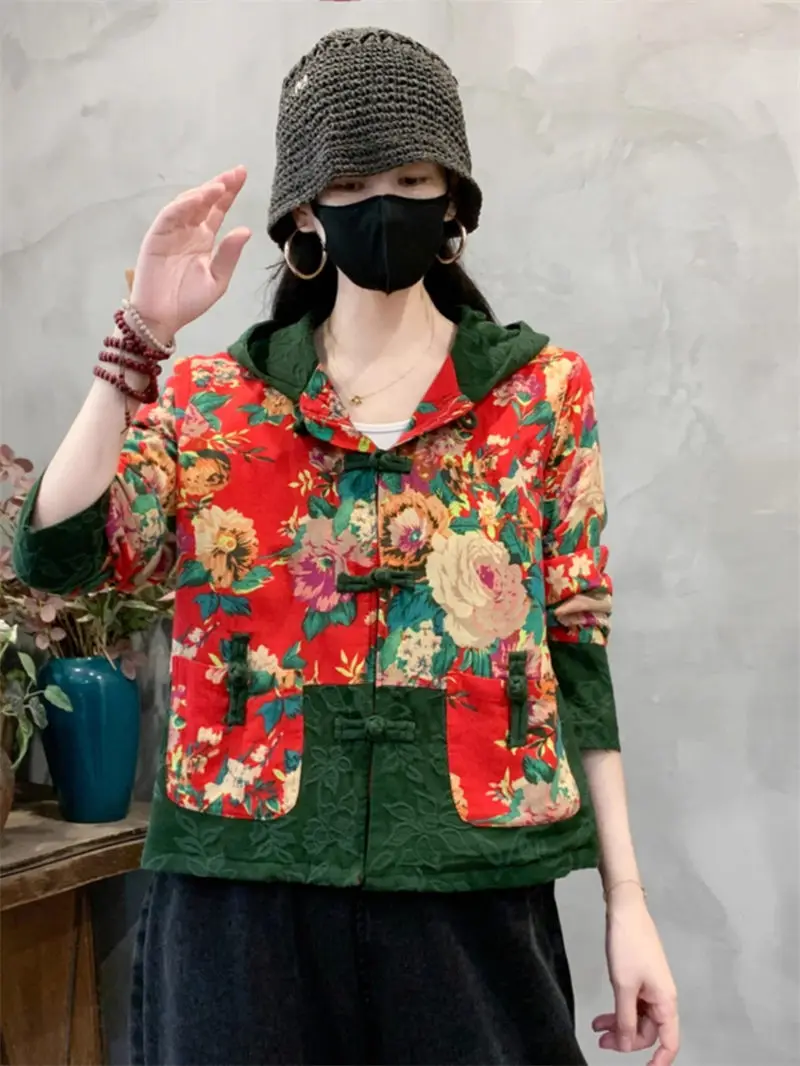 Autumn Ethnic Style Cotton And Linen Retro Button Hooded Jacket For Women Loose Versatile Cardigan Casual Top Printed Coat A025