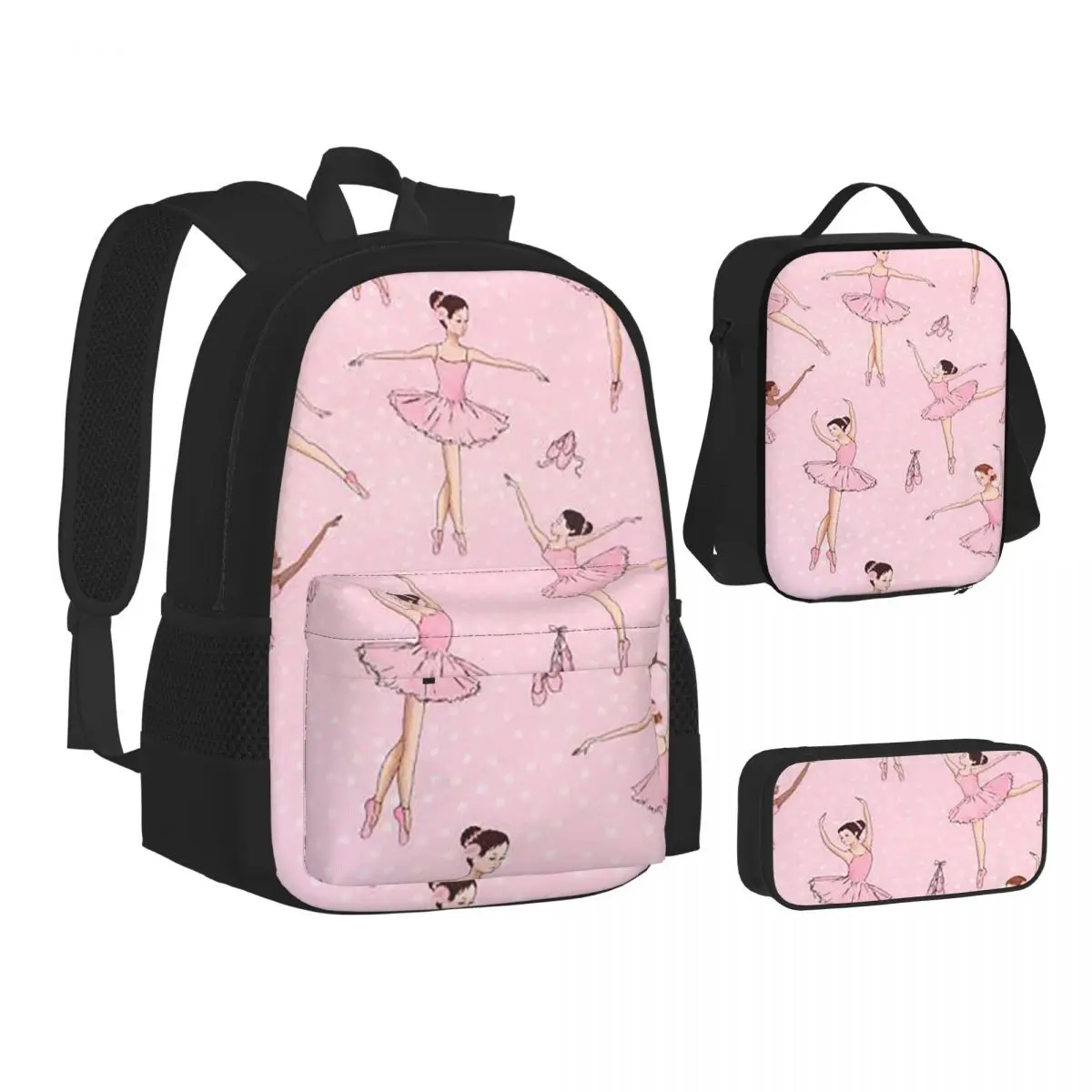 Ballet Dance Makes Me Free Ballerina Dancer Backpacks Students Bookbag School Bags Rucksack Lunch Bag Pen Bag Three-Piece Set