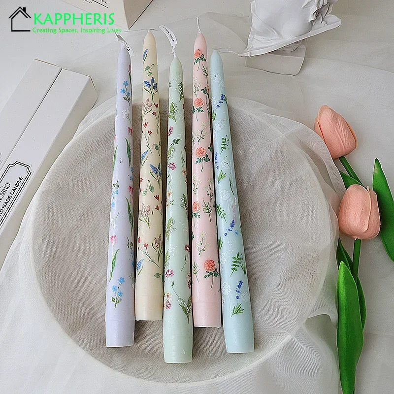 7.5'' Taper Scented Candles Romantic Hand Painted Rose Long Candle for Dinner Table Decoration Wedding Country Decor