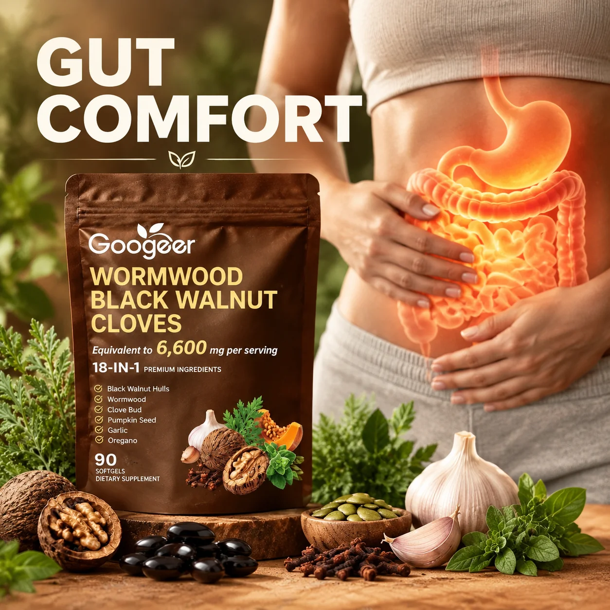 Wormwood Black Walnut Clove Softgels,Helps Improve Gut Comfort,Clear Mental Heaviness & Uplift Daily Stamina,Herbal,90 Softgels