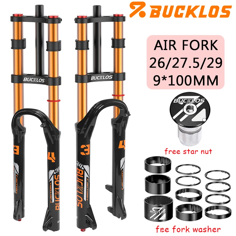 

BUCKLOS MTB Bicycle Fork 26 27.5 29 Air Suspension Mountain Bike Fork 9*100mm Double Crown MTB Forks 34mm Outer Tube