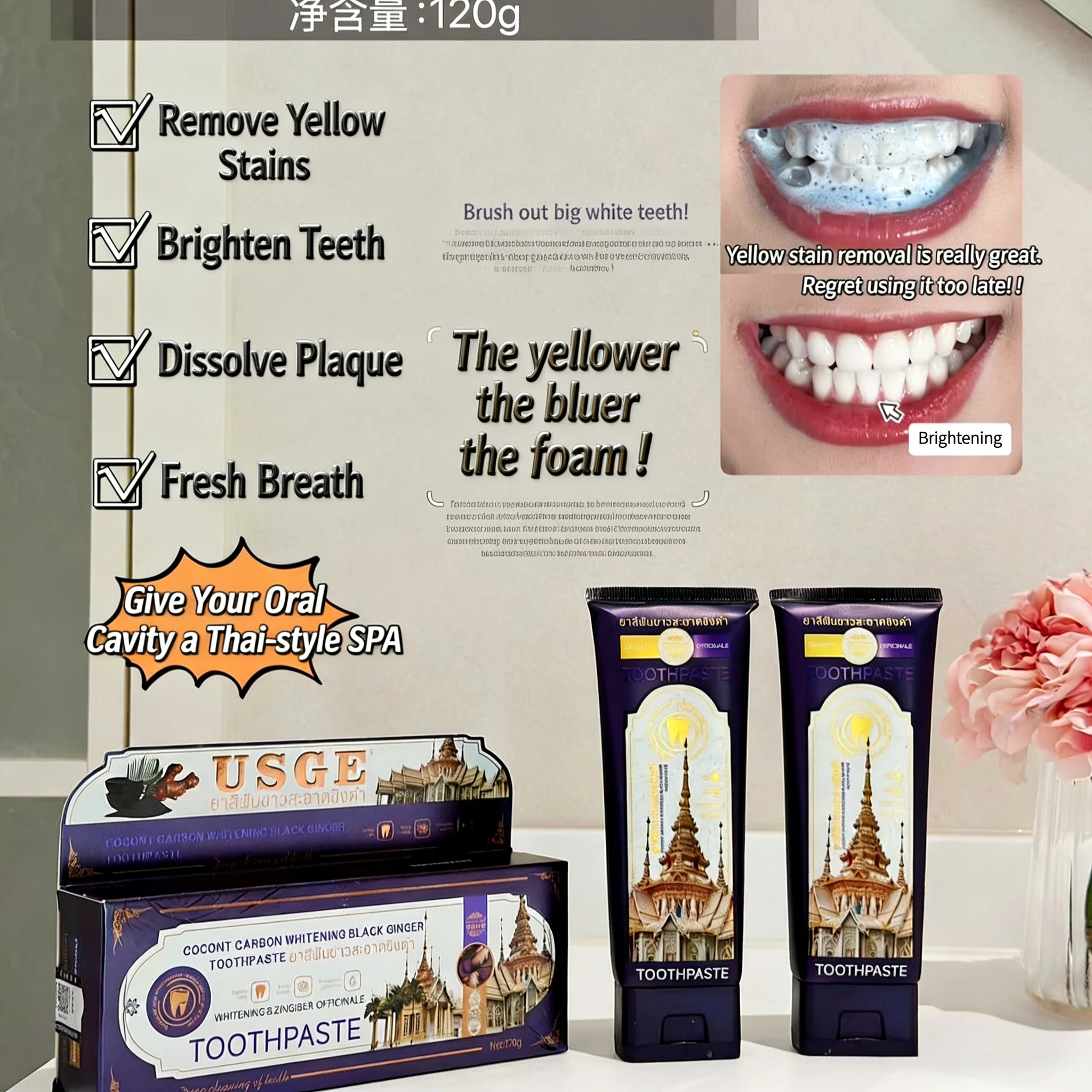 Thailand USGE Coconut Carbon White Black Ginger Toothpaste Remove Stains Freshen Breath Effectively Clean Plaque Teeth Care