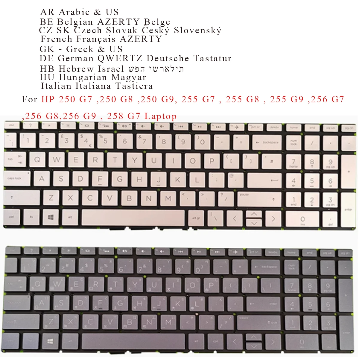 New Arabic Belgian Czech French Hebrew German Greek Hungarian Italian Keyboard for HP 250 255 256 G7 G8 G9 , 258 G7 BACKLIT