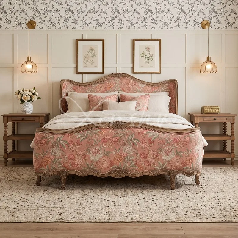 French manor floral full solid wood bed, American country curved soft-wrapped bed, vintage fabric master bed, 1.8 meters king