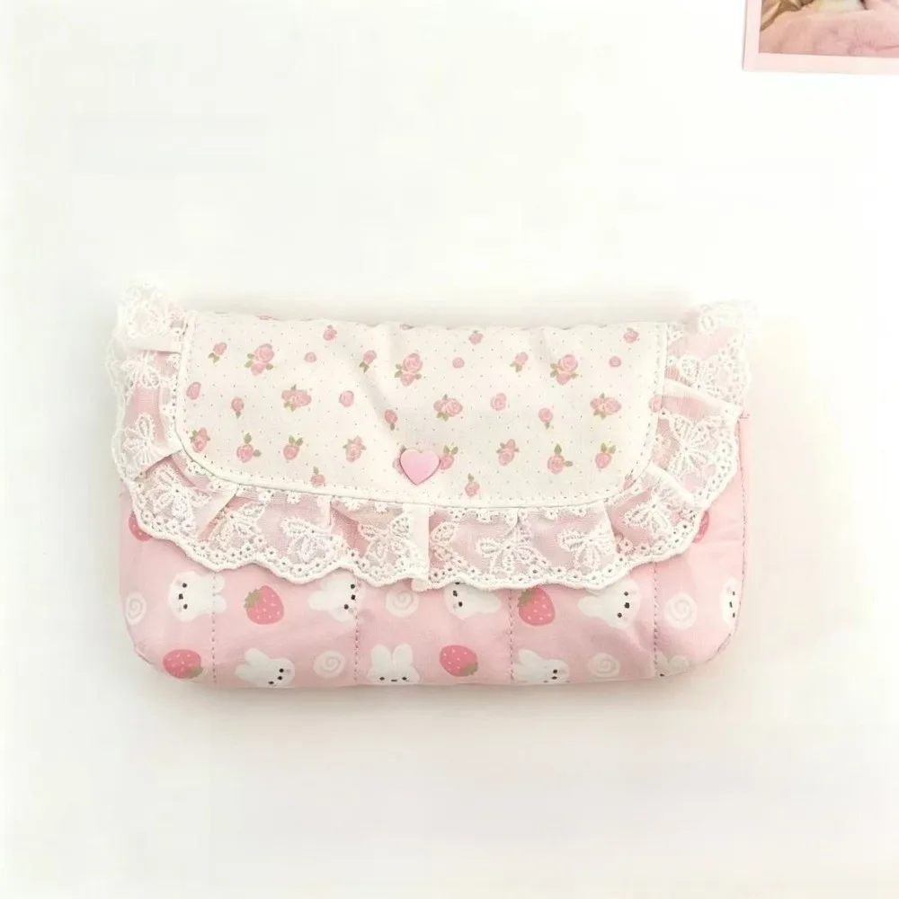 Cute Quilted Design Pencil Case Lace Flap Print Pattern Storage Pouch Zipper Closure Large Capacity Makeup Bag School Use