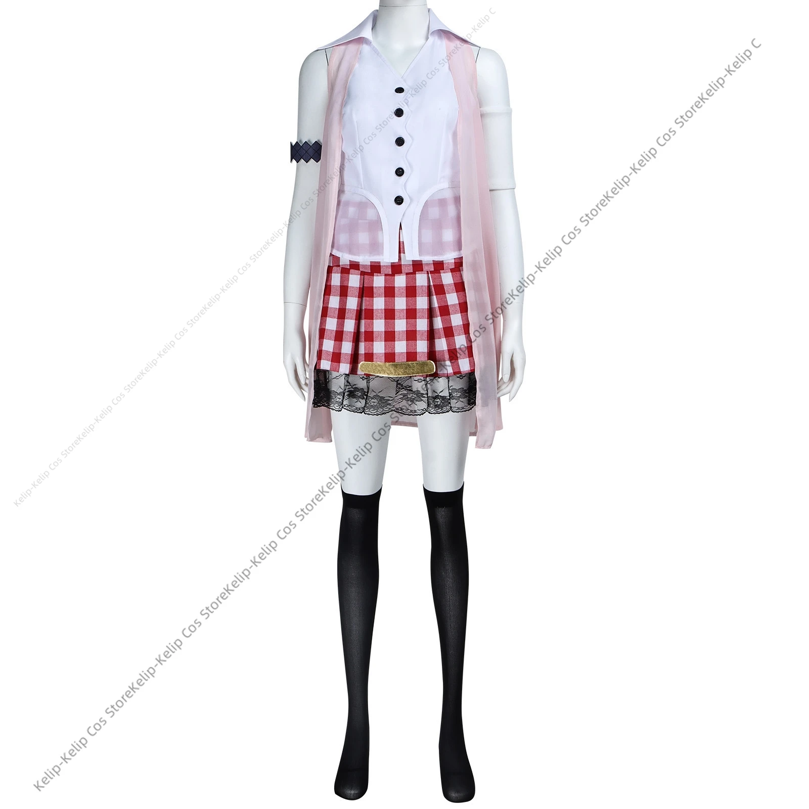 Farron Cosplay Costume Pink Shawl Grid Skirt Wig Adult Woman Sexy Cute Daily Leisure Suit view 2