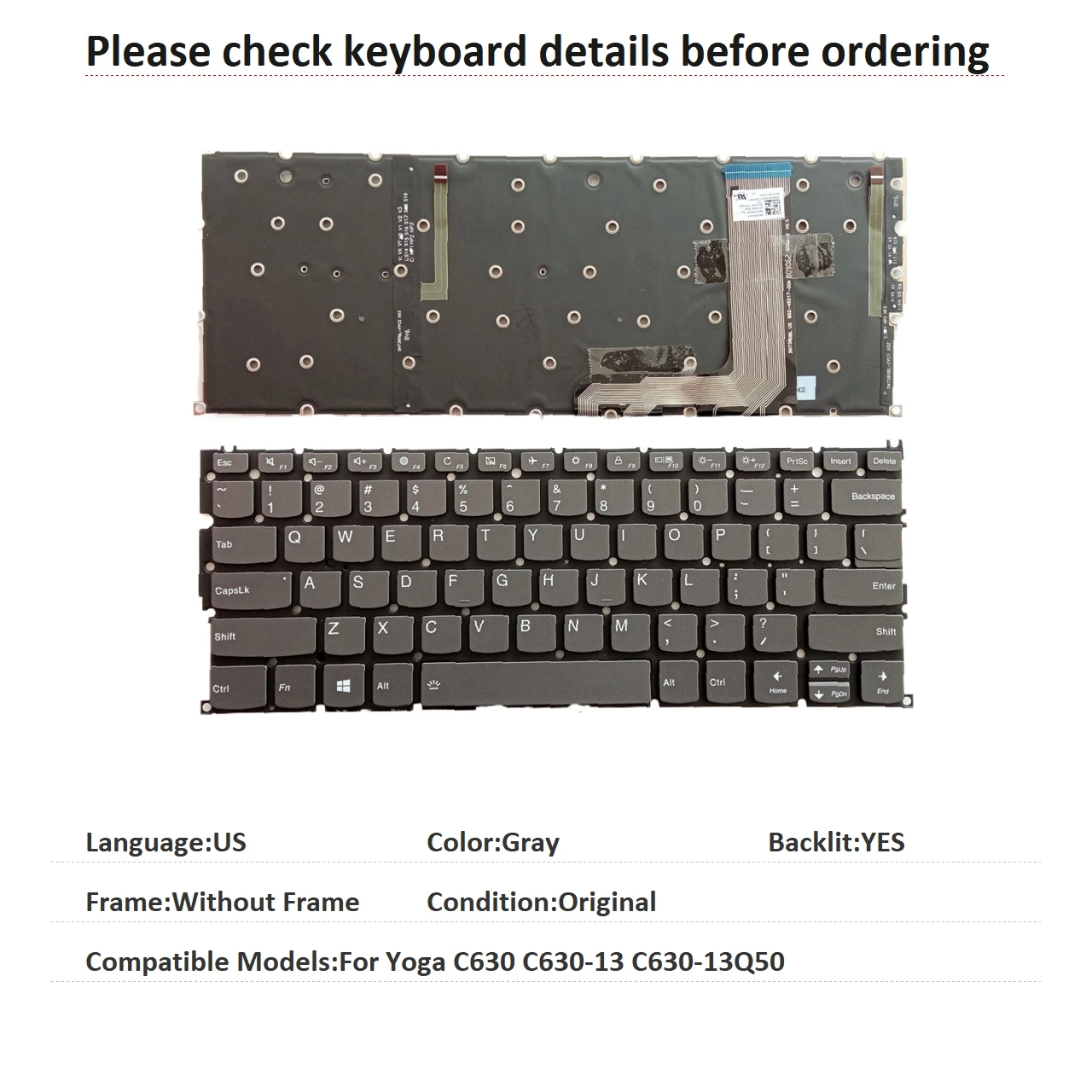 New US Language  Backlit Keyboard For Lenovo Yoga C630 C630-13 C630-13Q50 Notebook PC Replacement Keyboard