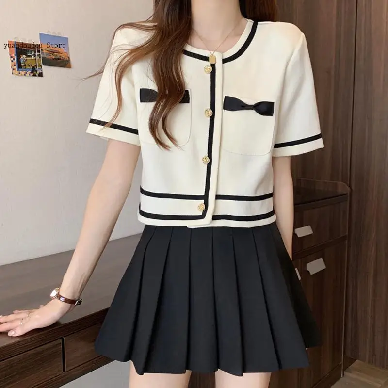 Women's Summer Small Fragrance Style Short Sleeved Temperament Age Reducing Bow Tie Short Cardigan Shirt