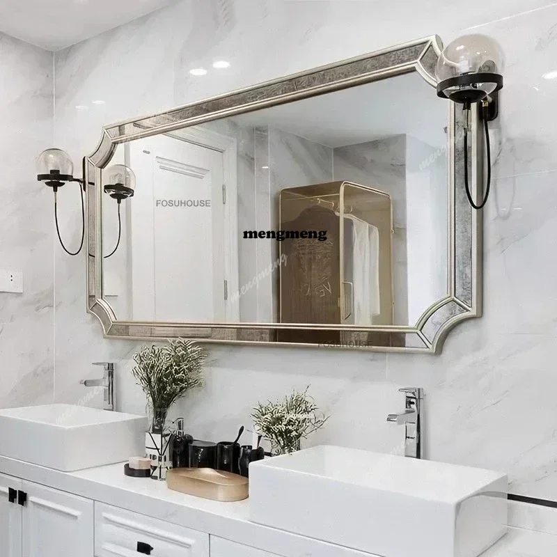 Nordic Decorative Bath Mirrors European Retro Vanity Mirror LED Light Bathroom Mirror Home Toilet Wall-mounted Anti-fog Mirror L