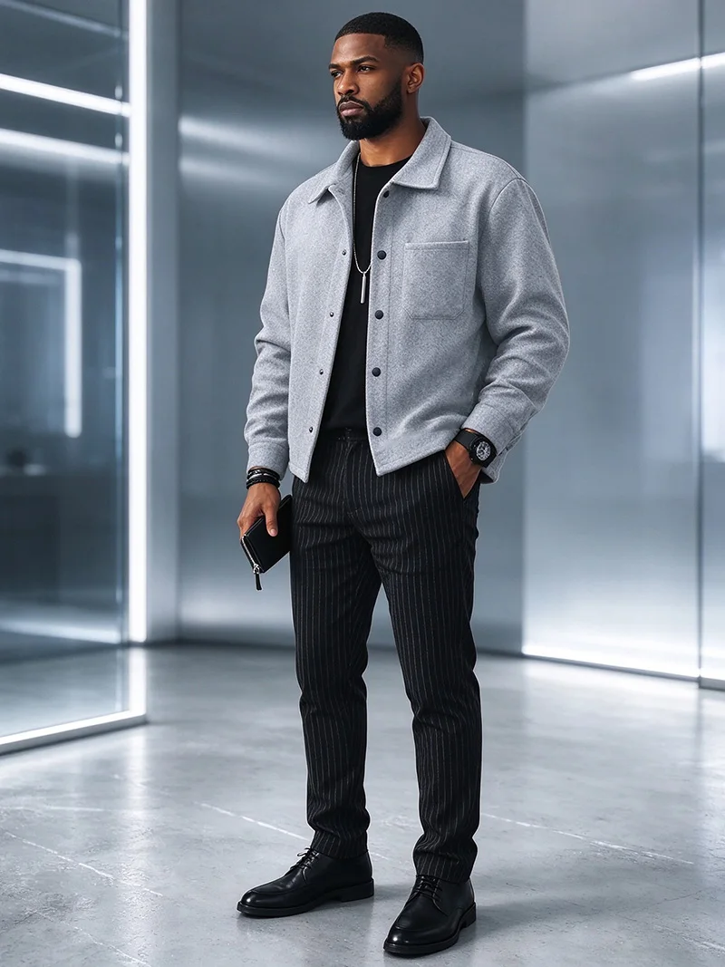 Herrenjacke aus gebürstetem Polyester, Reversjacke mit Knopfleiste/Reißverschluss und Tasche, bequeme, lässige Herbst- und Winterjacke für Büro und Business – Detail 32