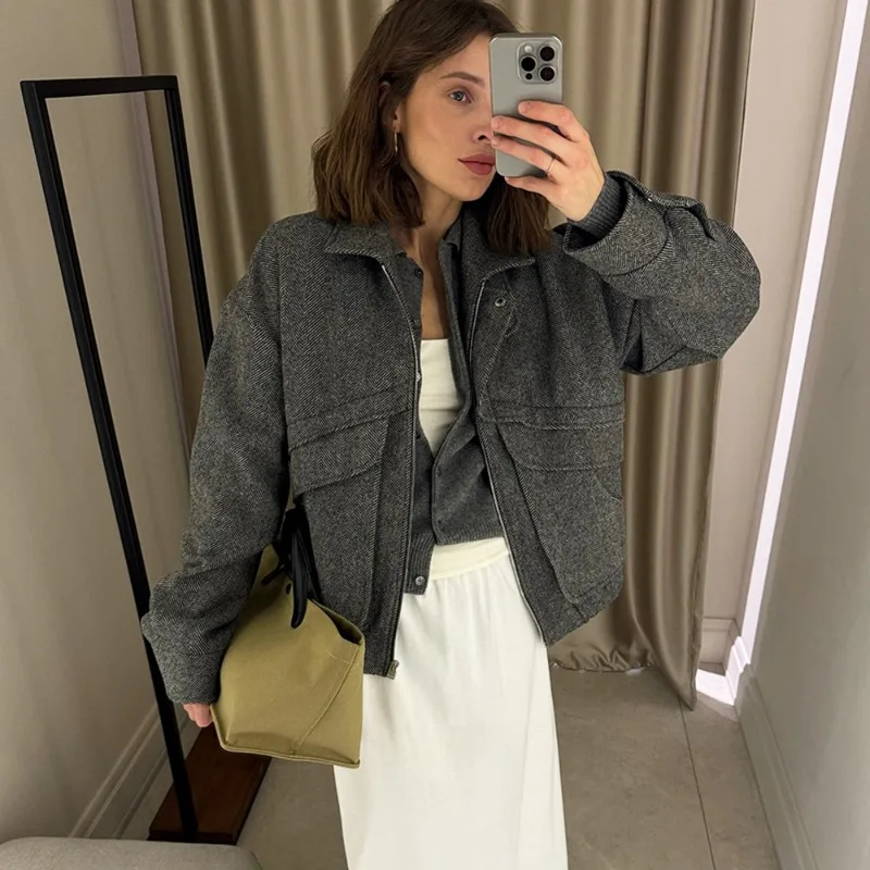 Talenza Autumn Grey Zipper Outwear Jackets Female Solid Loose Patchwork High Waist Cropped Top Coat Streetwear Women's Jackets