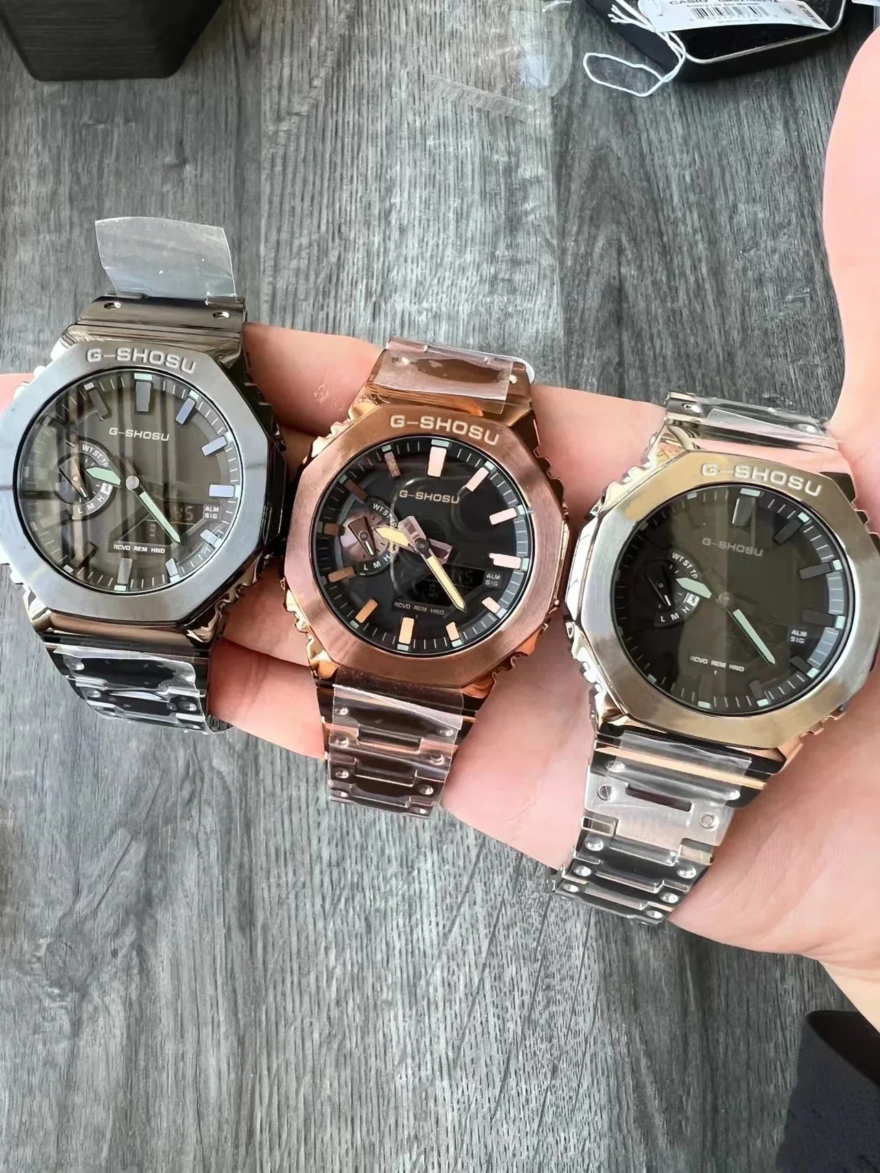 ساعة رقمية رياضية إلكترونية للجنسين، وظيفة كاملة، سبائك LED، قرص كبير، حزام فولاذي للتوقيت العالمي، سلسلة GMB Oak