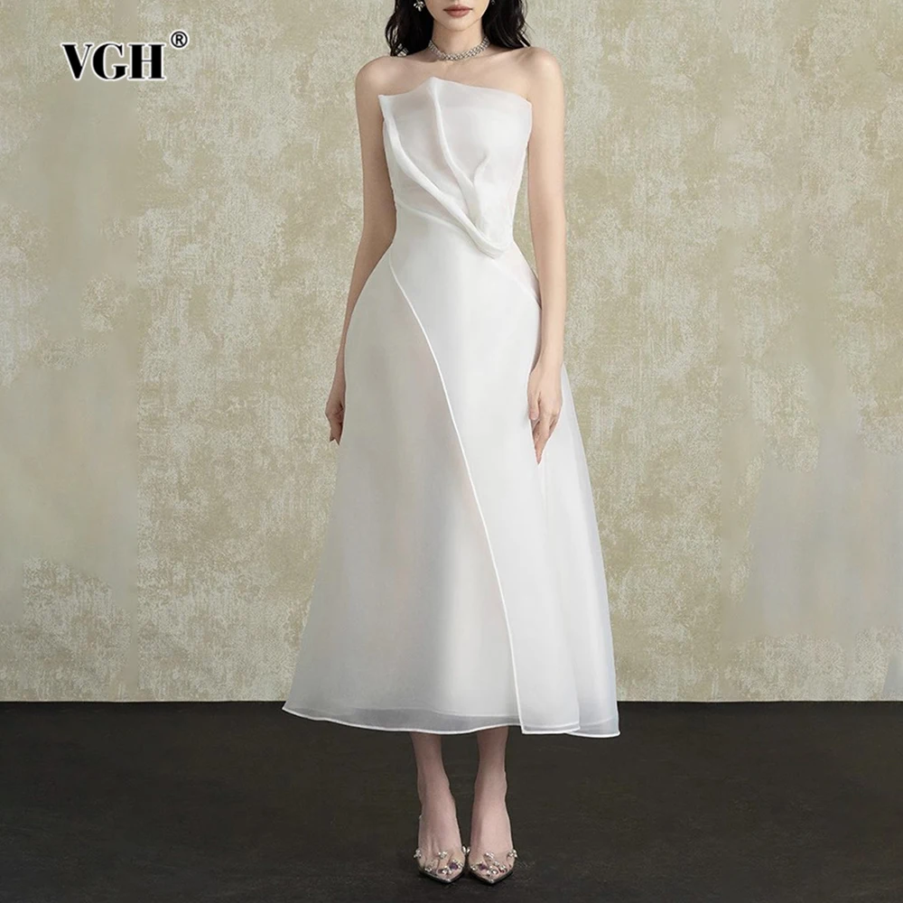 

VGH Elegant Slimming Long Dresses For Women Strapless Sleeveless Backless High Waist Temperament Dress Female Fashion Style New