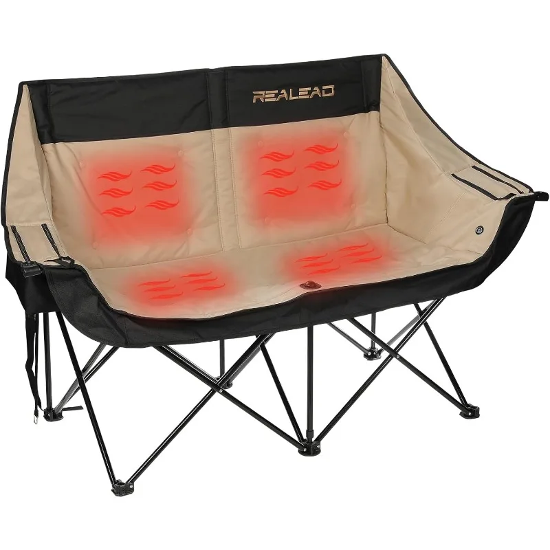 Heated Double Camping Chair - Heated Folding Chairs for Outdoor Sports with 3 Heat Levels and 4 Heating Zones - Portable