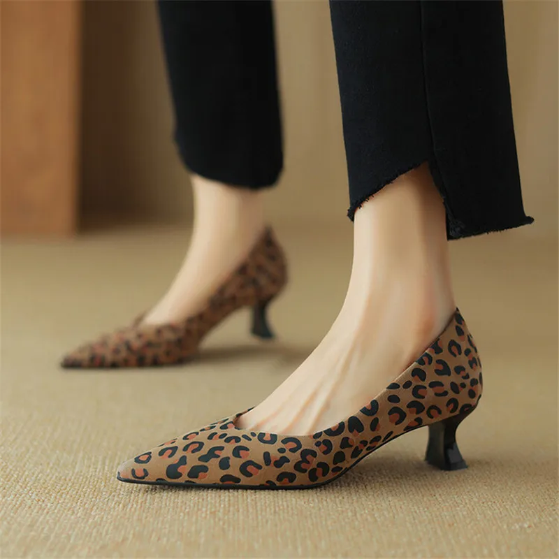 New Spring Sheep Suede Women Shoes Pointed Toe Women Pumps Shallow Loafers Shoes for Women Leopard Print High Heels Ladies Shoes