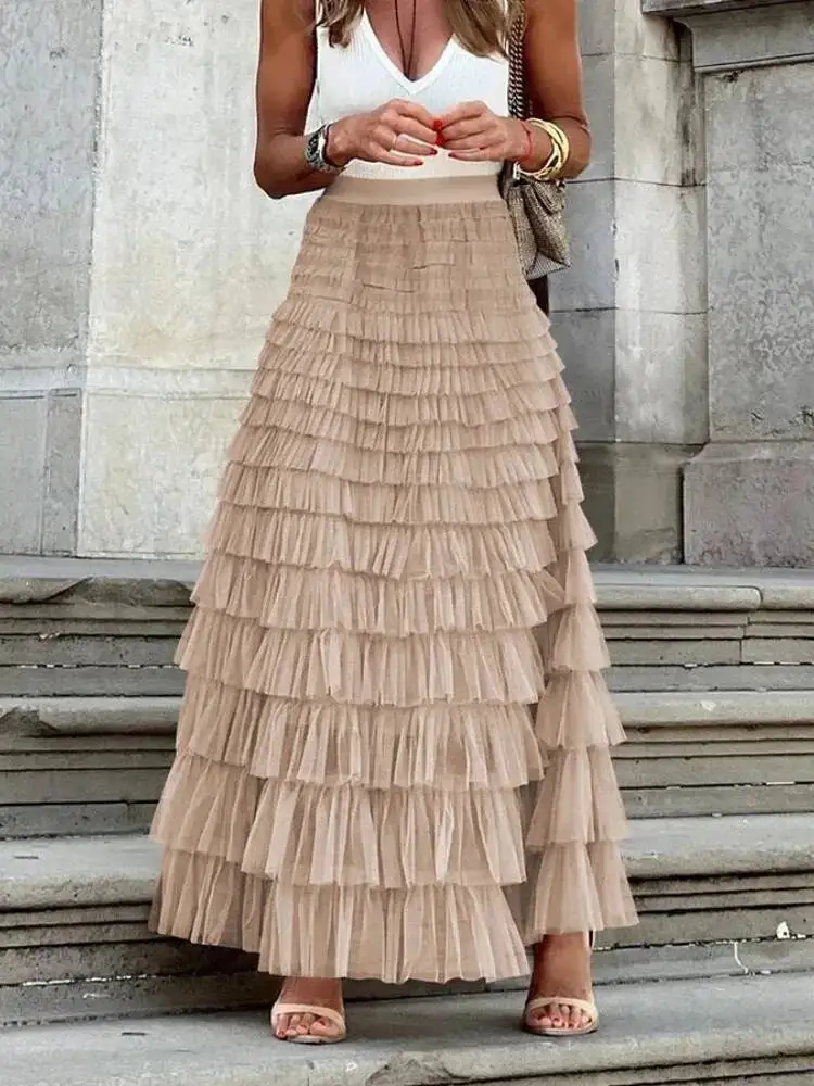 Casual Solid Women Tierred Ball Gown Skirts Tulle High Waist Pleated Long Tutu Skirt Elegant Ladies Mesh Dating Maxi Skirts QTT8