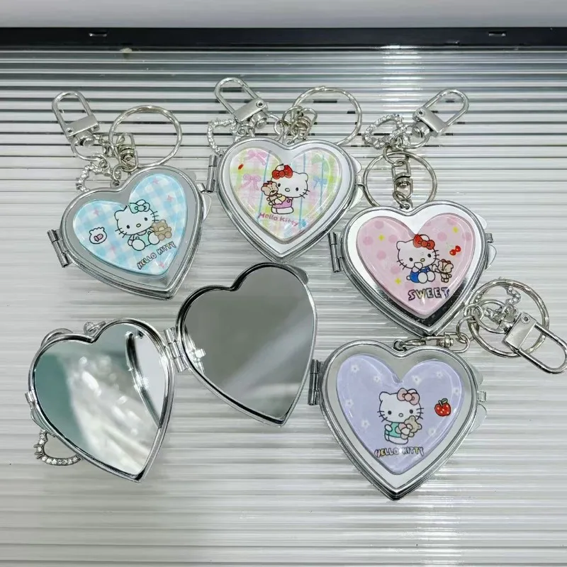 Hello Kitty Cute Keychain Cartoon Girl Gift Portable Mirror Bag Pendant Makeup Mirror Portable Wholesale Gift Women Accessories