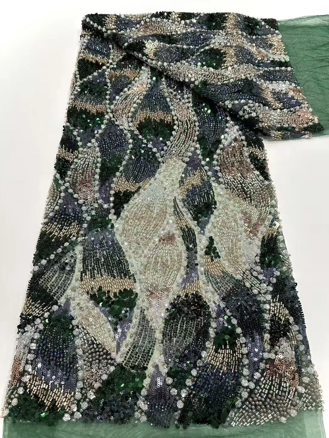 

2025 African Nigerian High-Quality Sequins Embroidery Tulle Lace Fabric 5 Yards Sewing Beads Stone for Prom Dresses DP0395