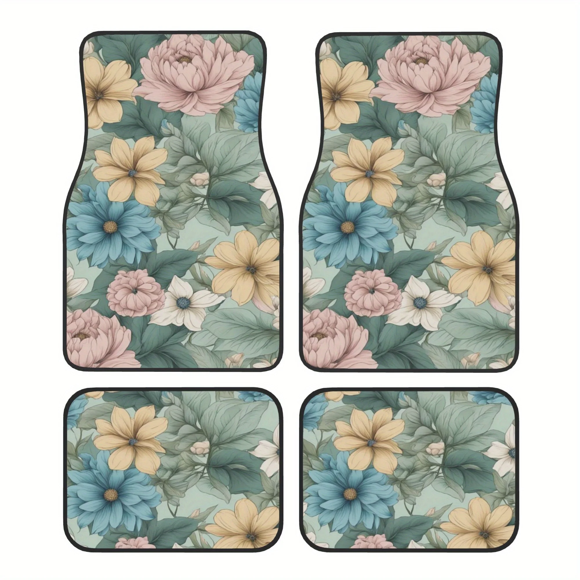 4pcs Floral Pattern Car Floor Mats - Pink, Blue, Yellow & White Flowers On Green Background, Non-Slip Polyester Liner, Easy To C