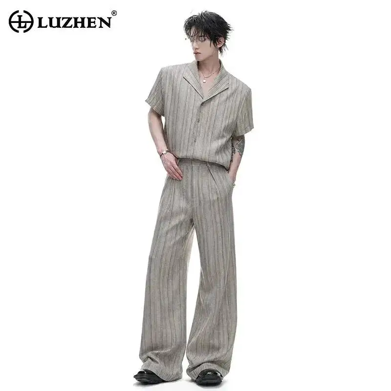 

LUZHEN 2026 Summer Trendy Stripe Printed Loose Straight Tube Casual Pants Men's Elegant Luxury Casual Short Sleeve Shirts JY7453