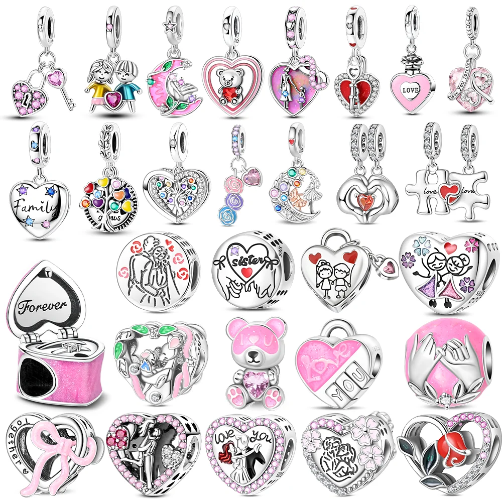 Silver S925 Sisters Series Pink Heart Charm Forever Love Beads Fit Original Bracelet Diy Fine Jewelry Gifts for Women