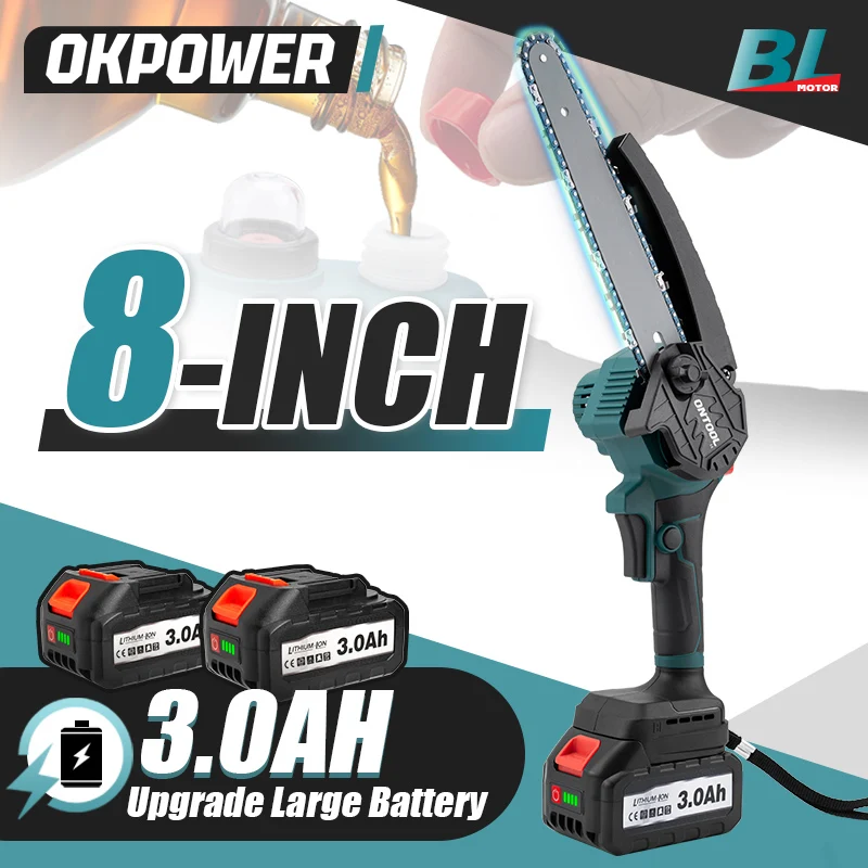Brushless 8 Inch Electric Chainsaw Rechargeable Cordless Handheld Automatic Oiler Wood Pruning Tools For Makita 18V Battery Pin