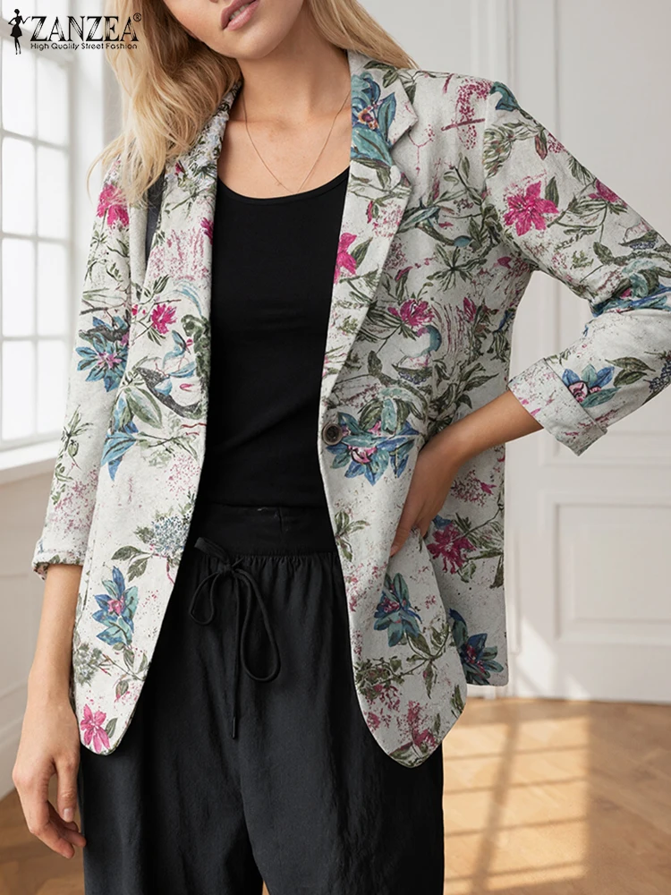 

Autumn Women Blazer Jackets ZANZEA 2025 Stylish Printed Coats Vinatge Lapel Neck Long Sleeve Floral Outwears Casual Loose Coats