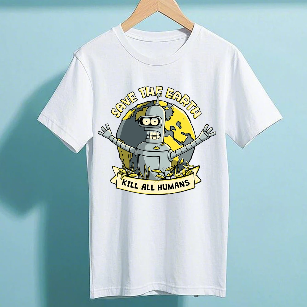 SAVE TAE EARTAY KILL ALL HUMANS Graphic T Shirts F-Futurama B-Bender T Shirt  Cotton Tee Y2k Top Funny Men Women Vintage T Shirt