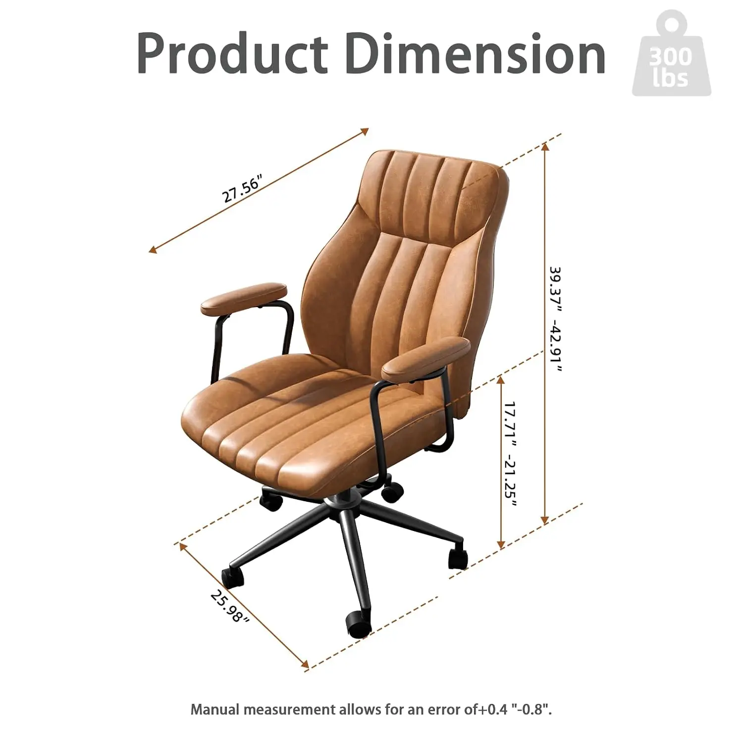 Brown Leather Office Chair Ergonomic Mid-Back Swivel Desk Chair Adjustable Height Padded Arms Wheels Computer Chair, Customized