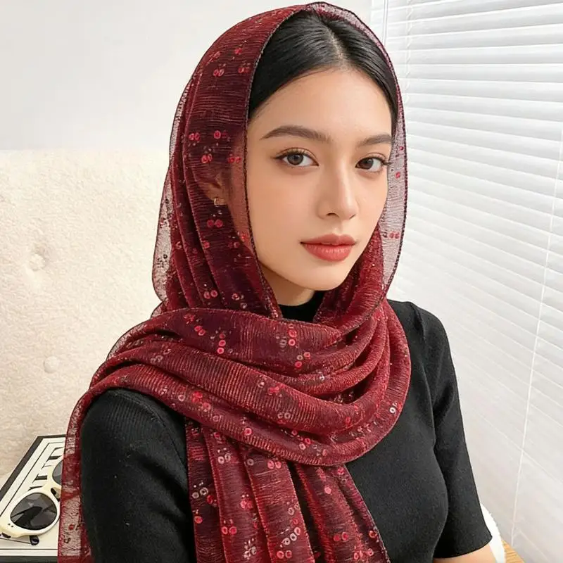Holographic Sequin Muslim Hijab Women Glitter Sparkly Scarf Islamic Headscarf Lightweight Evening Party Turban Wrap Shawl